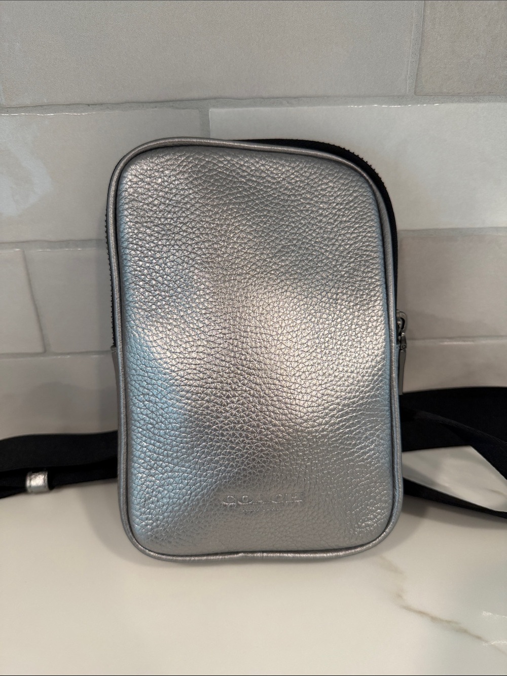 Coach Metallic Silver Pebbled Leather Crossbody Pouch with Black Strap